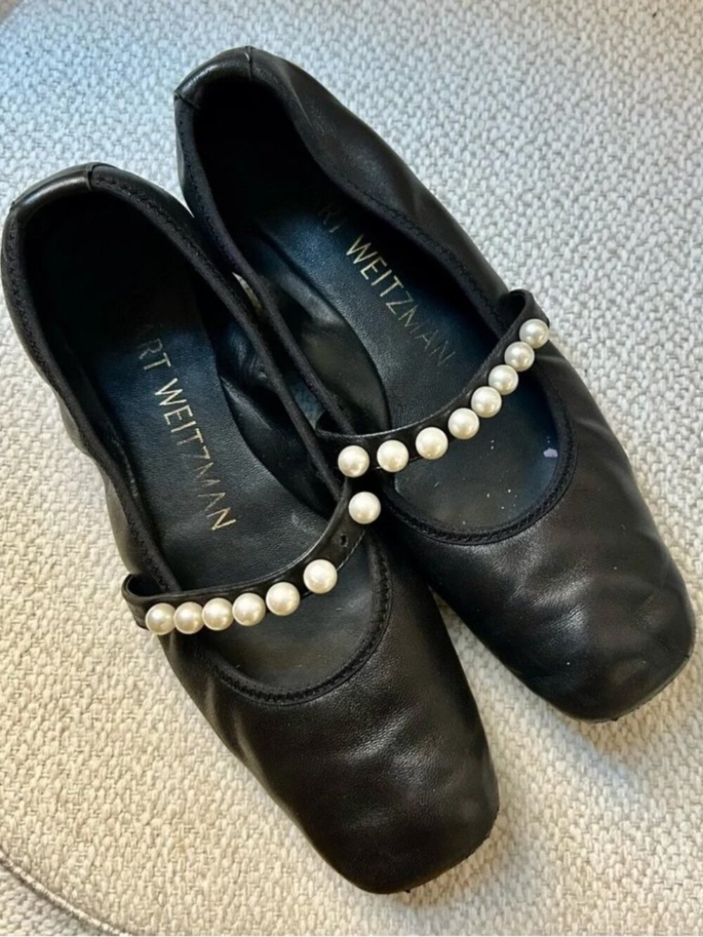 Stuart Weitzman Goldie Black Flats Pearl Detail Mary Janes Almond Toe Shoes